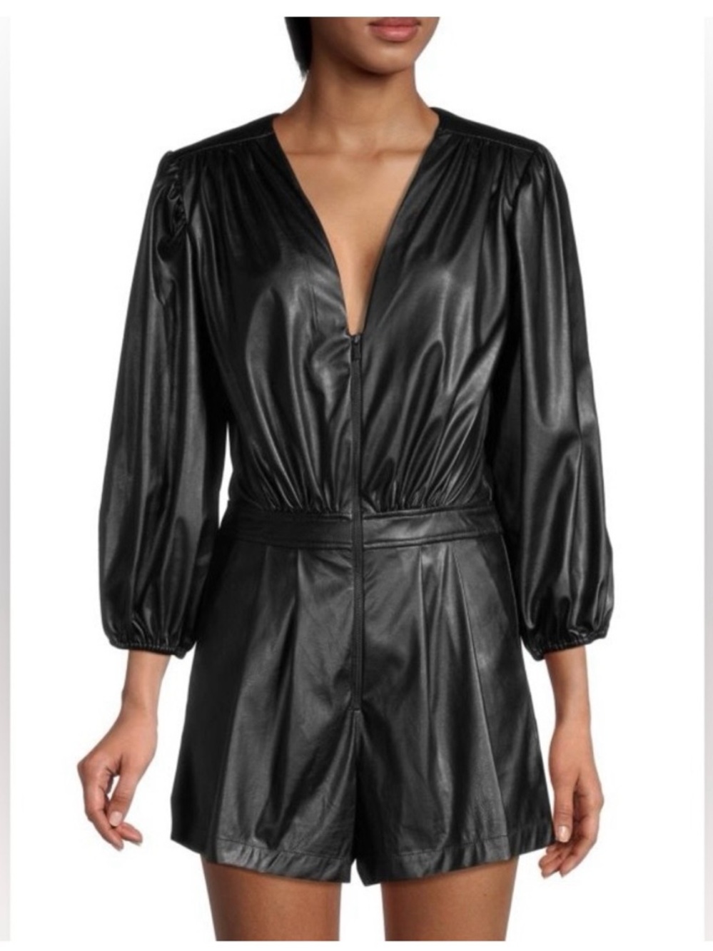 Ramy Brook ines Black Faux Leather puff sleeve romper 0